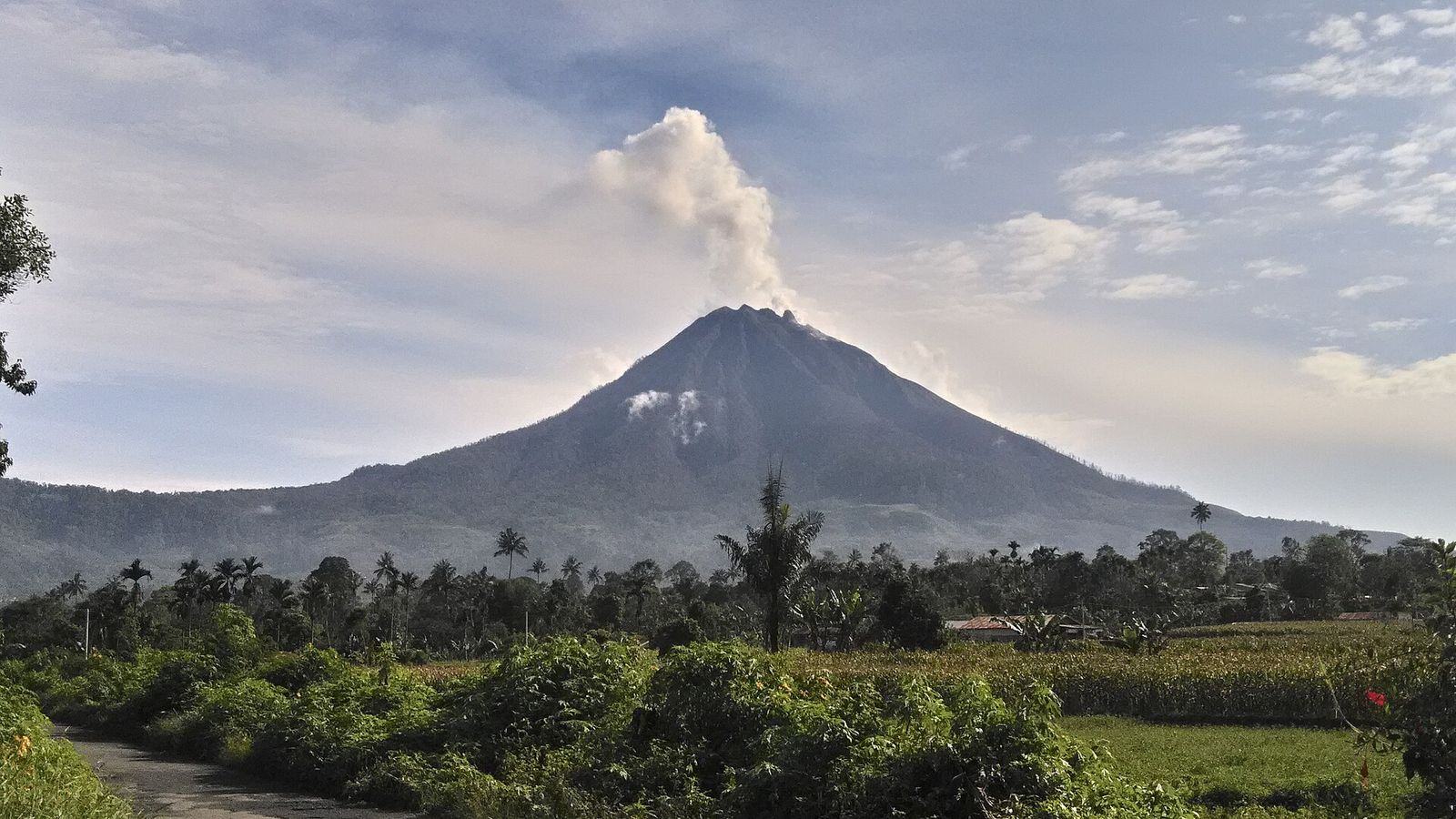 Der Vulkan Sinabung über den grünen Feldern des Karo-Landes